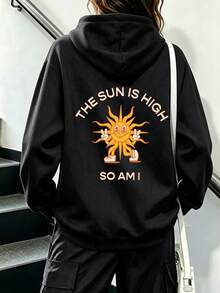 大尺碼女款連帽衛衣，太陽文字印花，抽繩口袋，休閒運動風，秋冬上衣，日常穿著，套頭衫 - 黑色 - 查看 1