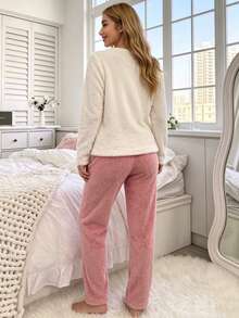 Autumn/Winter Casual Soft Plush 2 Pieces Pajama Set, Round Neck Heart Embroidery Long Top & Loose Wide Leg Pants, Warm Winter Loungewear - Pink - View 3