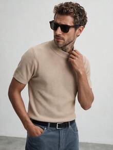 Men's Solid Color Wavy Texture Mock Neck Knit Short Sleeve Slim Fit Crew Neck T-Shirt, Summer Commute Casual Top - Camel - View 1