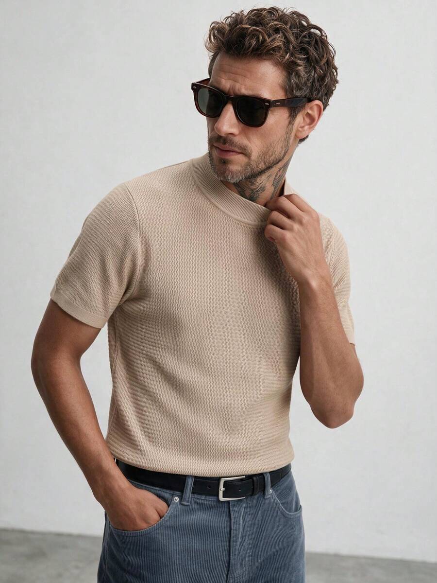 Men's Solid Color Wavy Texture Mock Neck Knit Short Sleeve Slim Fit Crew Neck T-Shirt, Summer Commute Casual Top - Camel - View 1