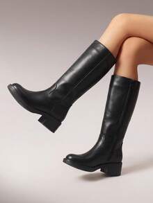 Women's Knee-High Boots, Comfortable Chunky Block Heel Pointed Toe Pull On Side Zipper Suede Slouch Riding Boots - Black - View 4