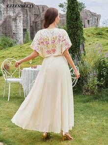 Women's Elegant Luxury One Size Computer Embroidered Sequin Beaded Ball Gown, Chiffon Batwing Sleeve, Pleated Hem - Champagne - View 6