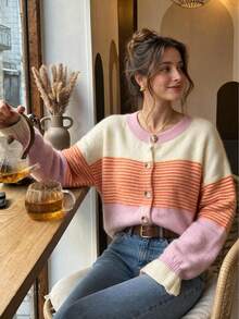 Women's Pink Gradient Striped Mohair Knit Cardigan Button Sweater Loose Lantern Sleeve Short Jacket Autumn/Winter Sweet Style - Multicolor - View 2