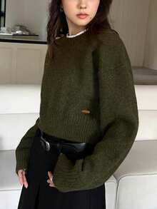 Alicedudu Women's Minimalist Chic Crew Neck Sweater, Autumn/Winter - Green Algae - View 4