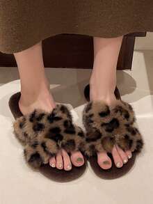 女款冬季新款厚底毛絨拖鞋，戶外穿著，秋季新款仙女風小巧鬆弛增高拖鞋，春秋室內居家辦公拖鞋，4CM - 豹紋 - 查看 5