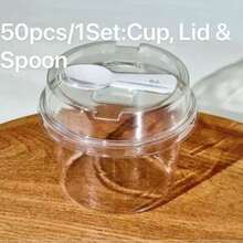 100pcs/50pcsClear PET Plastic Dessert Cups With Lid & Attached Spoon, Disposable Transparent Pudding Yogurt Container, Overnight Oats Fruit Salad Bowl For Bakery, Party & Homemade Dessert.Random Stickers - Transparent - View 11