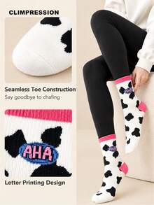CLIMPRESSION Women's Cute Cow Print Boat Socks, White & Black Cow Print With Lettering, Fashion Pink Cuff Casual Cotton Mid-Calf Socks, Creative Everyday Socks - Pink - View 6