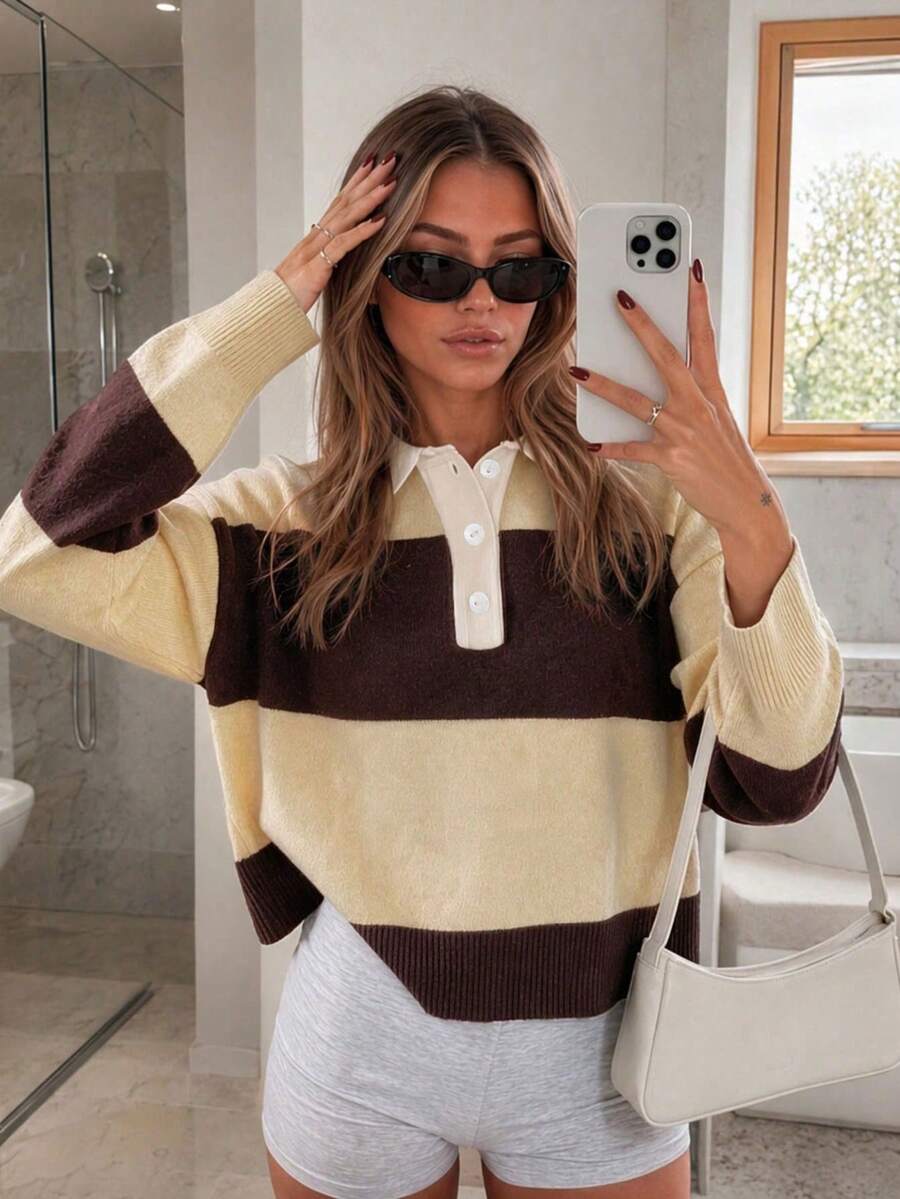 Spring/Autumn Multi-Color Contrast Collar Long Sleeve Half-Button Cardigan Sweater - Light Apricot and Brown - View 1
