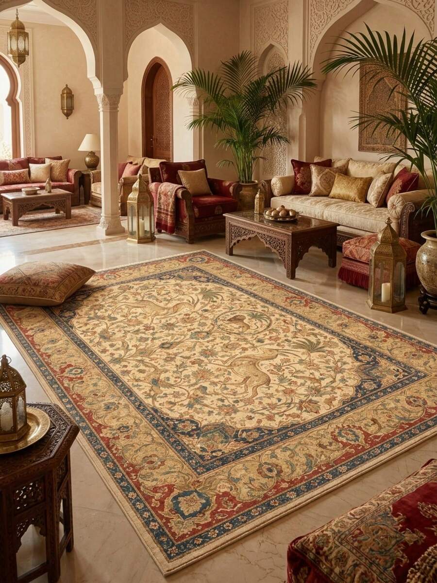 1PC Lion, Antelope, Flower & Bird Pattern Faux Cashmere Machine Washable Area Rug, Middle Eastern Persian Style European Classical Palace Rectangular Soft Carpet, Living Room Bedroom Home Decor, All Season Use, Aesthetic Home Decoration - Multicolor - View 1