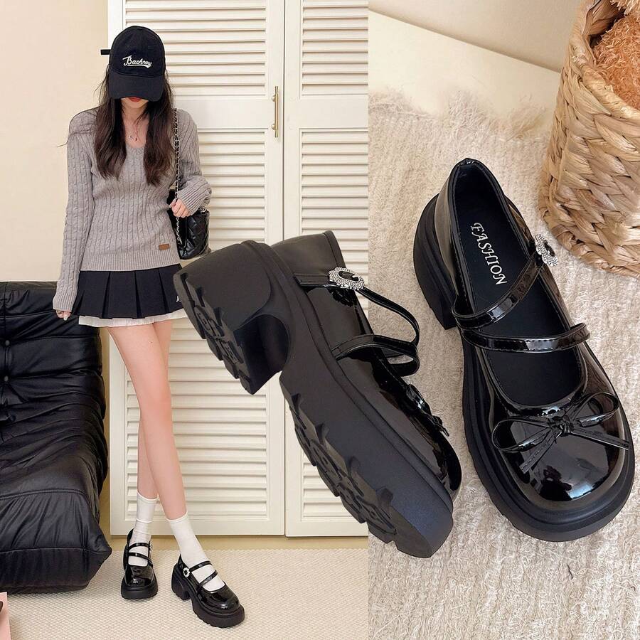 Black Round Toe Thick Sole Mary Jane Shoes For Women, Bowknot Double Buckle Rhinestone Buckle Platform Sole Sweet Cool JK Style Height Increasing Versatile Shoes - Black - View 1