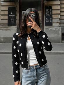 Fall/Winter Casual Versatile Crew Neck Cute Polka Dot 2 In 1 Going Out Knit Cardigan - Black and White - View 6
