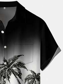 Men's Black & White Palm Tree Beach Print Short Sleeve Shirt - Black - View 4