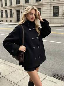 Mellowy Autumn/Winter New Women's European & American Style Fashion Minimalist Double-Breasted Coat Black - Black - View 2