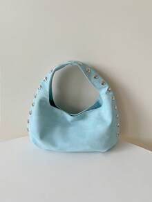 Autumn/Winter New Vintage Rivet Crescent Handbag Niche Design Hot Girl Large Round Bag Versatile High-End Commute Shoulder Underarm Bag - Baby Blue - View 1