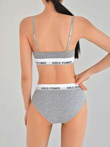DAZY Front Closure Wireless Letter Print Bra Set For Women - Grey - View 5