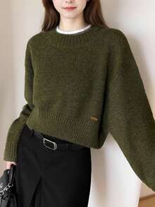 Alicedudu Women's Minimalist Chic Crew Neck Sweater, Autumn/Winter - Green Algae - View 1
