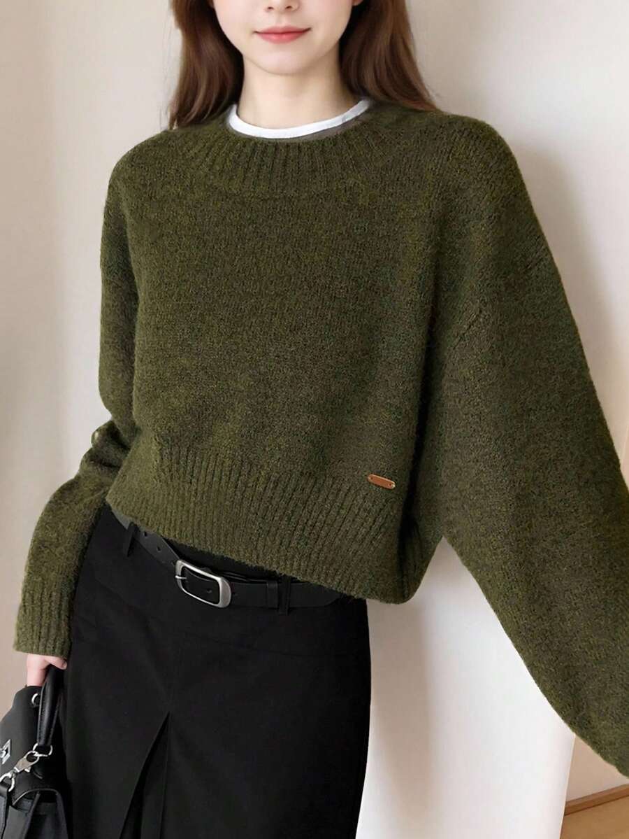 Alicedudu Women's Minimalist Chic Crew Neck Sweater, Autumn/Winter - Green Algae - View 1