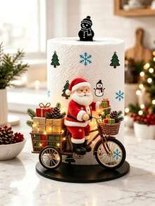 2D FLAT Christmas Decor Kitchen Paper Towel Holder (No Power Light) - Desktop Tabletop Roll Holder (Combines Display And Storage Functions), Fun Cycling Santa Claus Design, Suitable For Kitchen, Bathroom, Living Room And Dining Room, Decorative Ornament To Create Warm Christmas Atmosphere - Multicolor - View 1