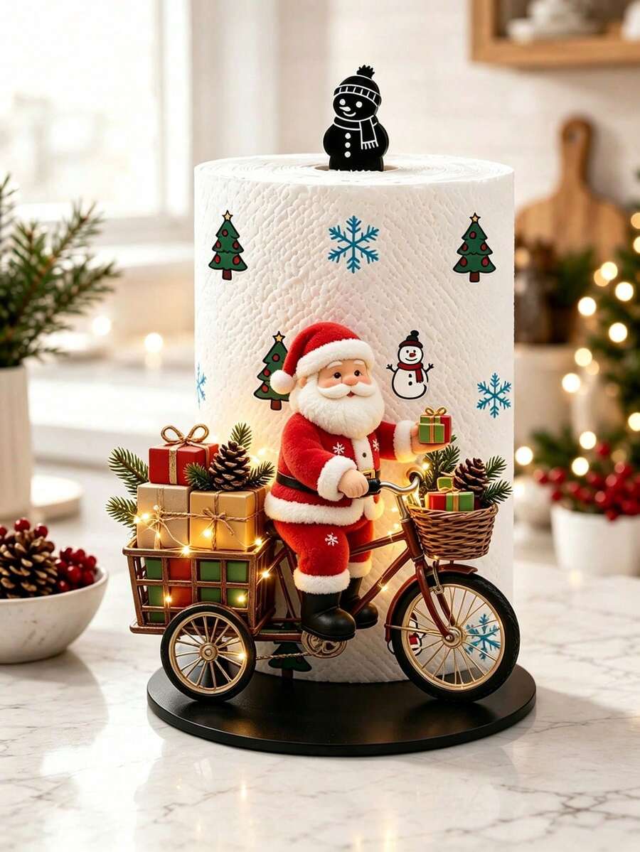 2D FLAT Christmas Decor Kitchen Paper Towel Holder (No Power Light) - Desktop Tabletop Roll Holder (Combines Display And Storage Functions), Fun Cycling Santa Claus Design, Suitable For Kitchen, Bathroom, Living Room And Dining Room, Decorative Ornament To Create Warm Christmas Atmosphere - Multicolor - View 1