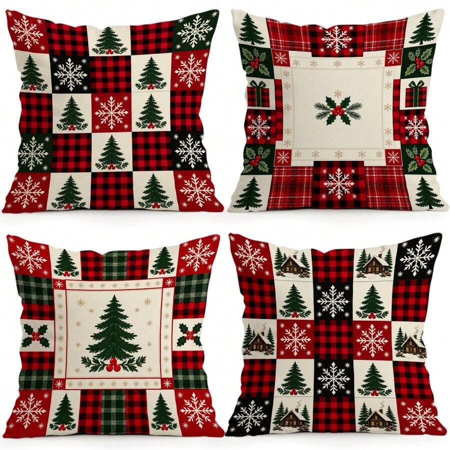 4pcs/1pc Christmas Patchwork Plaid Pattern Pillow Case, Single-Sided Printed Pillow Case, Suitable For Living Room Bedroom Home Decor, All-Season Pillow Case - Multicolor - View 1