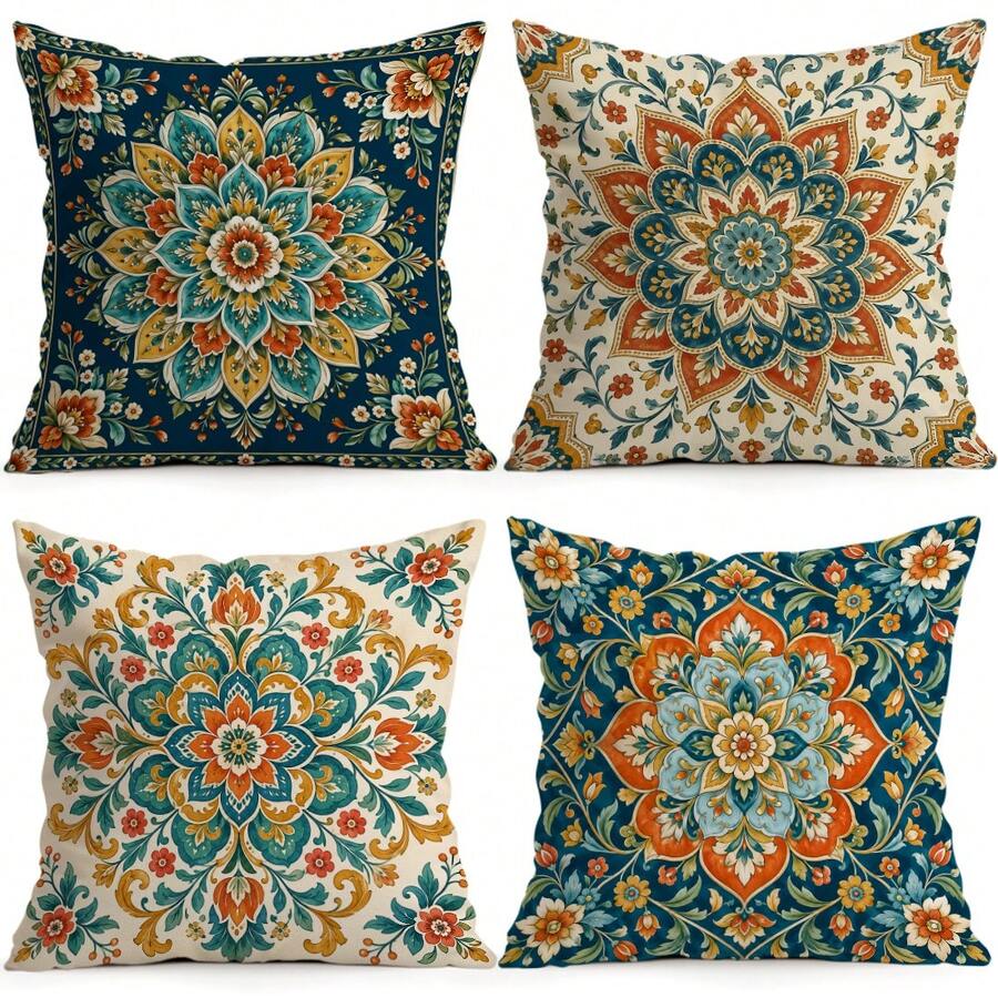 4pcs/1pc Vintage European Floral Mandala Pattern Pillow Covers, Single-Sided Printed Pillow Covers, Suitable For Living Room Bedroom Home Decor, All Season Pillow Covers - Multicolor - View 1