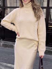 minisummer Women Fall Casual Cream High Neck Cable Knit Pullover, Textured Waffle Splice Loose Fit Long Sleeve Knitted Sweater - White - View 5