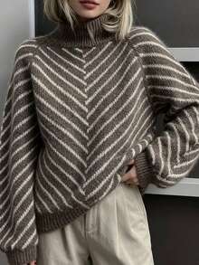 2026 New Women's Two Tone Striped High-Neck Knit Cardigan Sweaters Bell Sleeves Fall Clothes For Women Fall Outfit Cardigan For Women Fall Tops - Dark Grey - View 3