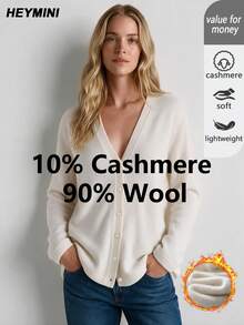 HEYMINI Women's New Solid Color Soft Wool Cardigan, Gentle Style Comfortable Basic Long Sleeve Knit Top, Suitable For Autumn/Winter Wear - Cream - View 1