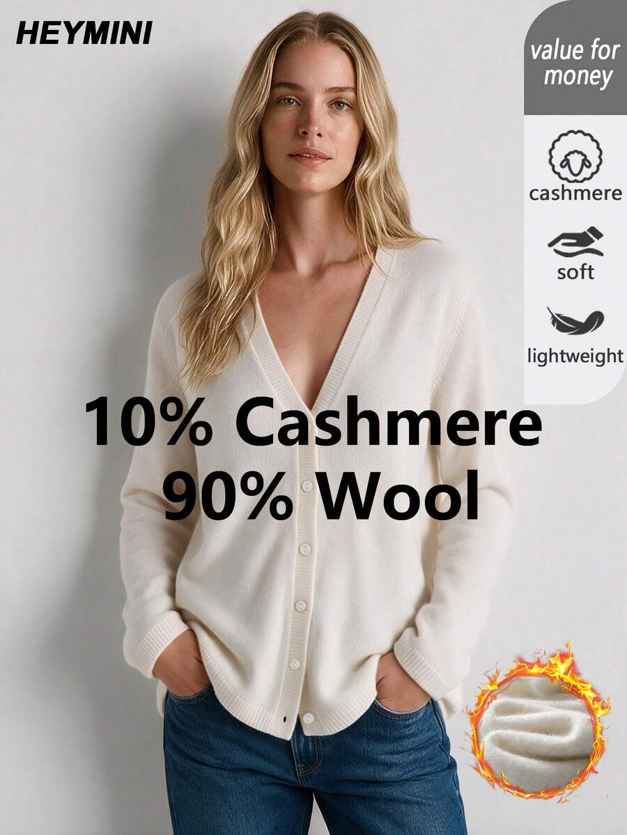 HEYMINI Women's New Solid Color Soft Wool Cardigan, Gentle Style Comfortable Basic Long Sleeve Knit Top, Suitable For Autumn/Winter Wear - Cream - View 1