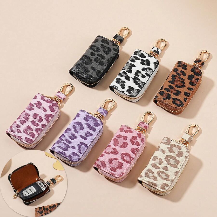 Leopard Print Car Key Cover, PU Leather Zipper Key Organizer Bag With Metal Key Ring, Compact Portable Unisex Key Pouch, Can Store Car Keys, Cards And Coins, Suitable For Daily Commute, Travel And Dating - Multicolor - View 1