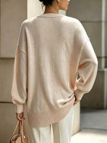 Plus Size Loose V-Neck Knit Dress, Women's, Batwing Sleeves, Asymmetrical Ribbed Hem, Suitable For Autumn/Winter - Apricot - View 5