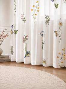 2PCS Wildflower Bird Butterfly Print High Density Mesh Curtains, Light Filtering Rod Pocket Window Curtains - Pink - View 5
