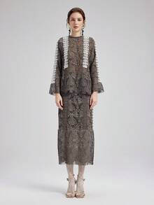 Rich Radi Q's Casual Fashion Women's Lace Layered 2 Pieces Set, Hollow Round Neck Top With Bodycon Skirt, Create A Stylish Look - Brown - View 15