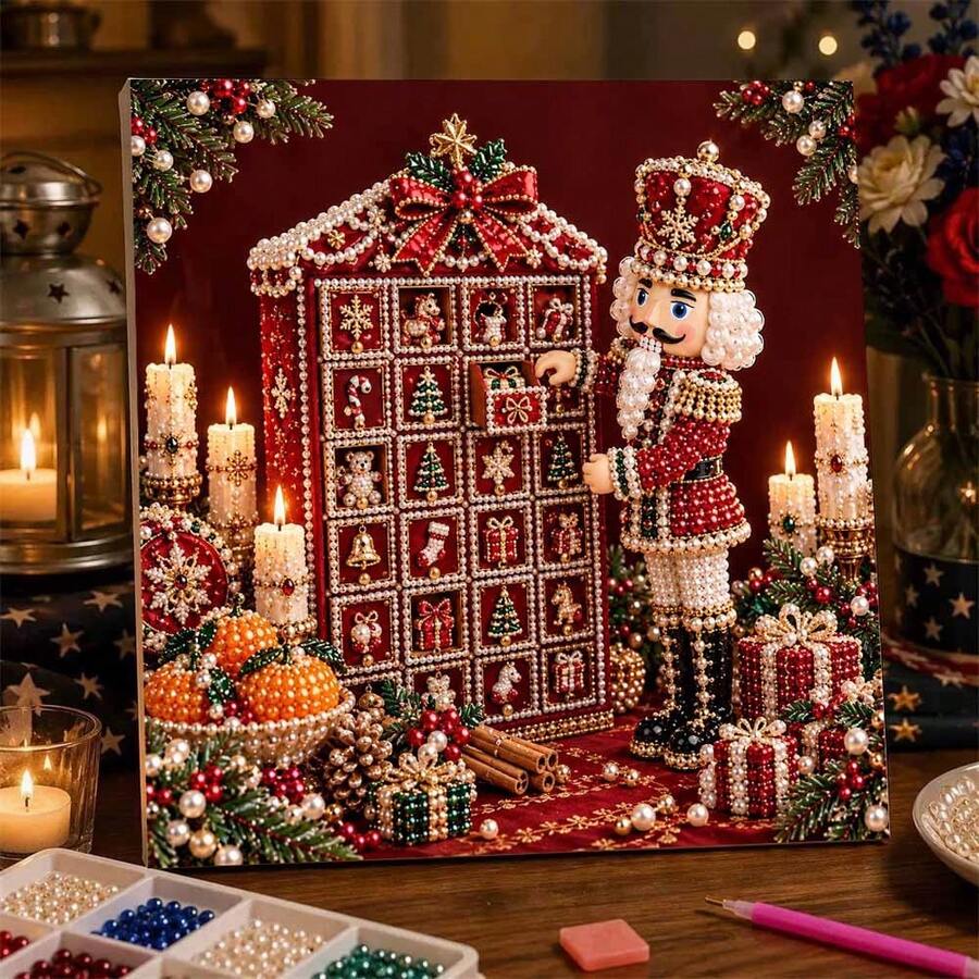 Handmade Pearl Painting Set - Suitable For Desktop Or Wall Decoration, Vintage Christmas Nutcracker Santa Scene, Canvas Art With Beads, Various Designs For Christmas Decoration Gifts (7.8in*7.8in) - Christmas Set - View 1