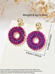 1 Pair Fashion Minimalist Elegant Woven Rope Handmade Beaded Hollow Round Hoop Earrings, Suitable For Women's Daily, Vacation And Party Wear - Purple - View 5