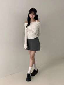Women's Autumn Lace-Up Cami Patchwork Draped Neck Ruched Slim Fit Knit Long Sleeve T-Shirt Top - White - View 6