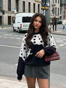 Women's Polka Dot Print Contrast Color Long Sleeve Crew Neck Knit Sweater Loose Casual Streetwear Pullover Black & White Autumn/Winter - Black and White - View 1