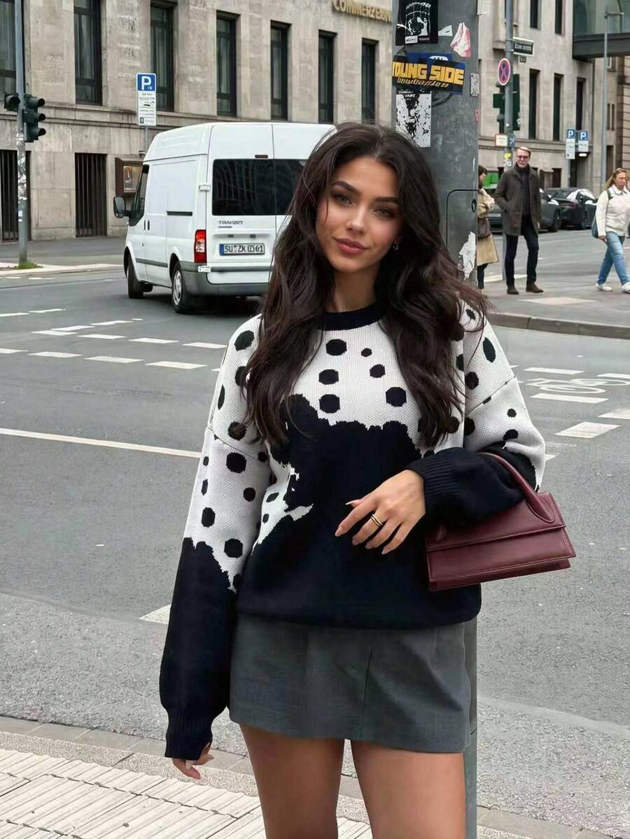 Women's Polka Dot Print Contrast Color Long Sleeve Crew Neck Knit Sweater Loose Casual Streetwear Pullover Black & White Autumn/Winter - Black and White - View 1