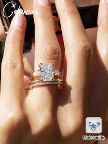 3pcs S925 Sterling Silver Vintage Romantic Rectangular Moissanite 3.5CT Stackable Rings For Women, Daily, Wedding, Beach, Vacation, Travel Accessories - Gold - View 1