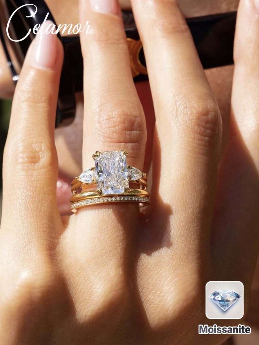 3pcs S925 Sterling Silver Vintage Romantic Rectangular Moissanite 3.5CT Stackable Rings For Women, Daily, Wedding, Beach, Vacation, Travel Accessories - Gold - View 1