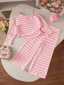 Galaxy Graffiti 4-7 Years Old Girls 2 Pieces Set, Asymmetrical Shoulder Long Sleeve Top + Loose Straight Leg Pants, Relaxed Casual Style For Spring/Autumn Daily Wear And Outings - Pink - View 1