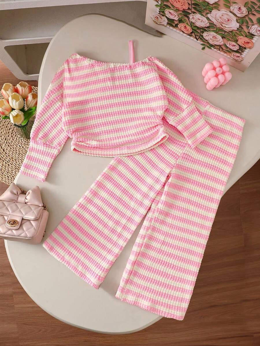 Galaxy Graffiti 4-7 Years Old Girls 2 Pieces Set, Asymmetrical Shoulder Long Sleeve Top + Loose Straight Leg Pants, Relaxed Casual Style For Spring/Autumn Daily Wear And Outings - Pink - View 1