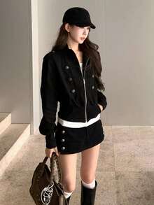 Women's Short Jacket Spring/Autumn 2026 New Black Korean Style Very Pretty Square Shoulder Versatile Napoleon Top - Black - View 1
