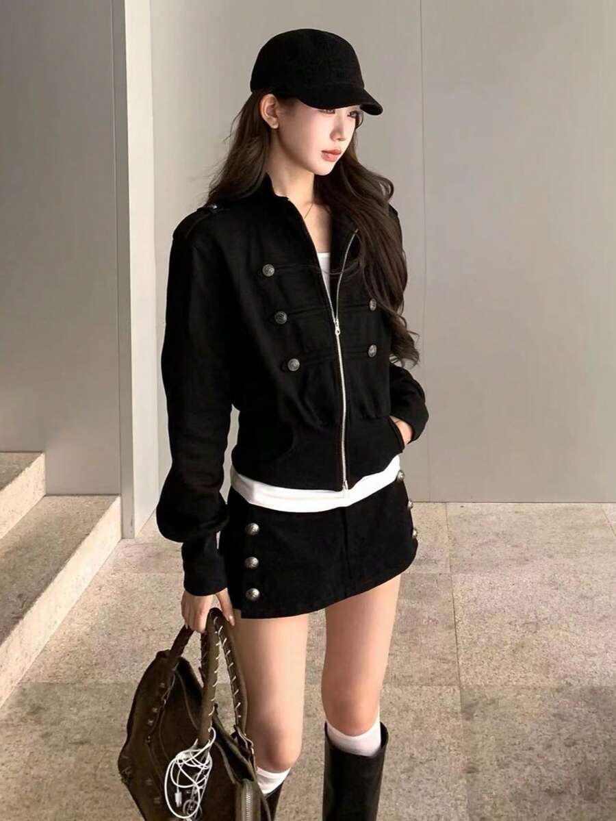Women's Short Jacket Spring/Autumn 2026 New Black Korean Style Very Pretty Square Shoulder Versatile Napoleon Top - Black - View 1