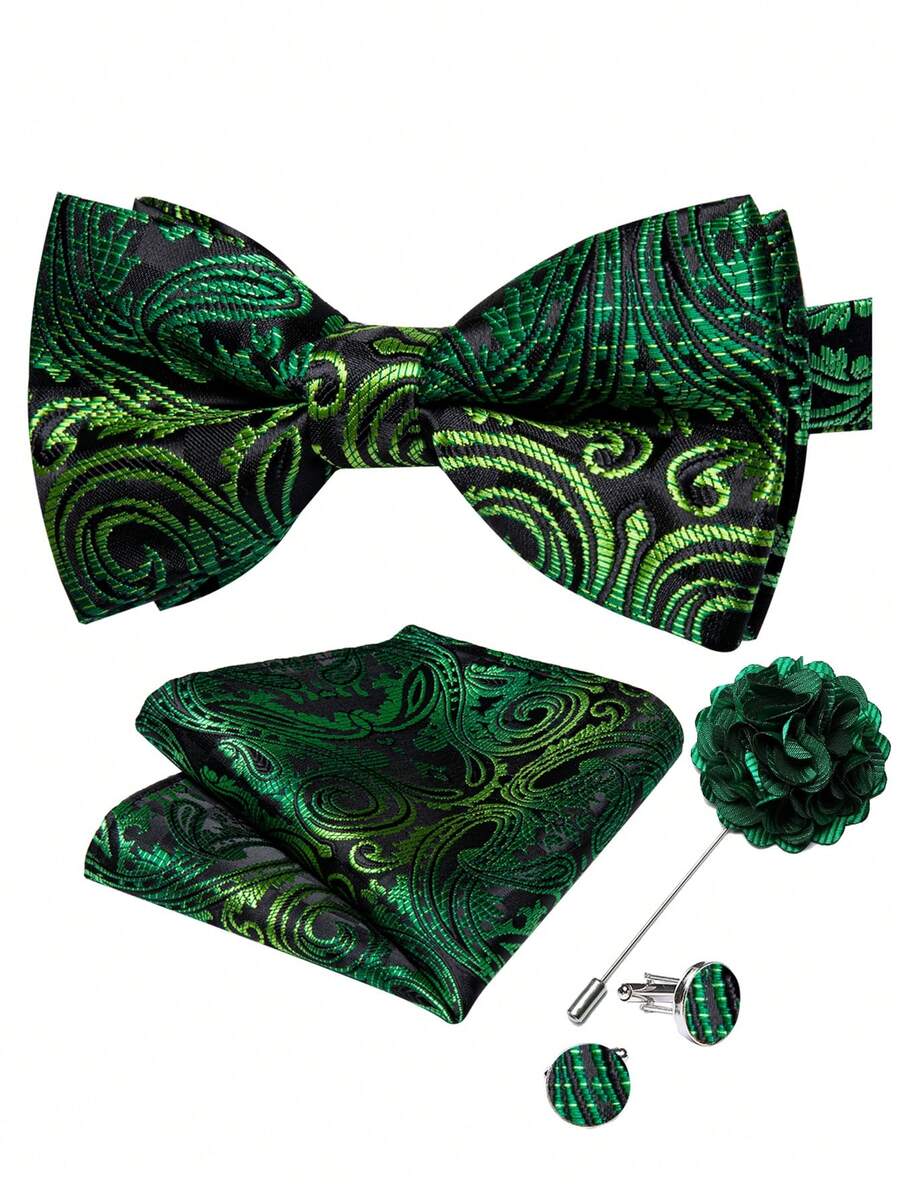 Black Background Bright Green Paisley Pattern Pre-Tied Bow Tie, Pocket Square, Cufflinks, Lapel Pin 4-Piece Set For Wedding And Formal Occasions - Black - View 1
