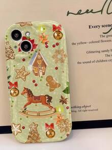 Cream Wavy Edge Phone Case, Light Green Wavy Frame Phone Case, Christmas Rocking Horse Gingerbread House Decorative Print Pattern Anti-Drop Soft TPU Phone Case, Compatible With Apple 11, 12, 13, 14, 15, 16, 17, 18 Pro Max. Beautiful Phone Case Suitable For Women And Girls, Compatible With Galaxy, Honor, Phones - White - View 5