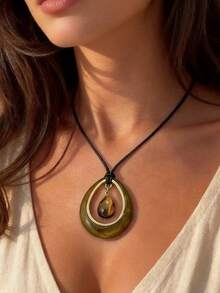 1pc Water Drop Geometric Acrylic Pendant Leather Cord Necklace - Brown - View 13