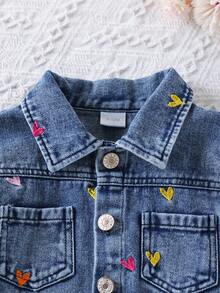 Baby Girl Colorful Heart Embroidered Turn Collar Button Washed Denim Jacket, Children Casual Outerwear - Blue - View 3