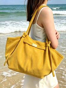 Women's Corduroy Large Capacity Tote Bag, Knot Decor Shoulder Bag Casual Soft Fabric Shopping Handbag For Daily Commute - Yellow - View 4