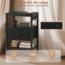 Buró Vintage con Estación de Carga USB y Tomas de Corriente, Mesa de Noche con Cajón Ajustable y 4 Niveles de Almacenamiento, Marrón para Recámara y Sala - Negro - Ver 3